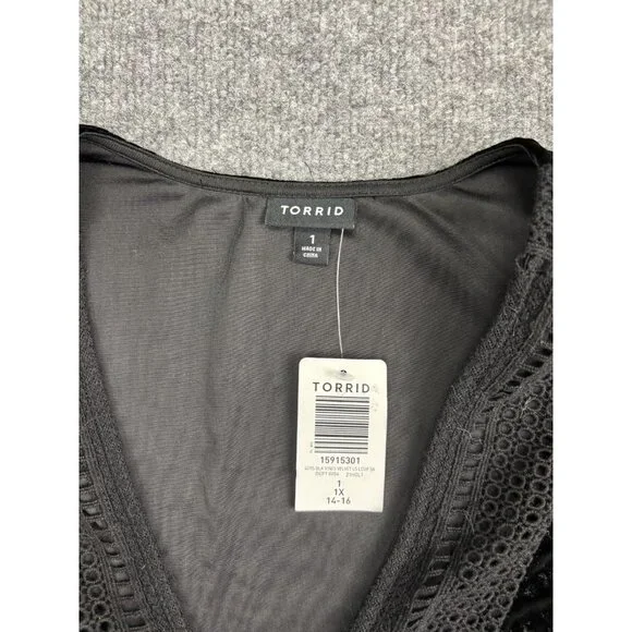 Torrid Dress Womens 1X Black Velvet Long Sleeve Boho Tassel Tie 14-16 - Picture 2 of 7